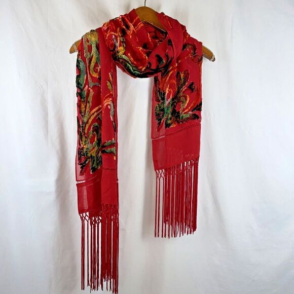 Chico's Red Silk Burnout Fringe Metallic Scarf - Picture 1 of 10